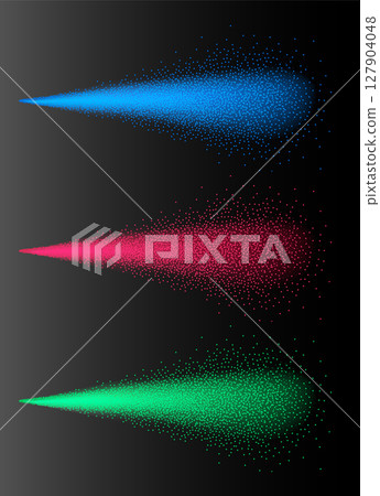 Colorful particle spray effect with blue, red, and green dots on dark gradient background, abstract Colorful particle spray effect with blue, red, and green dots on dark gradient background, abstract 127904048