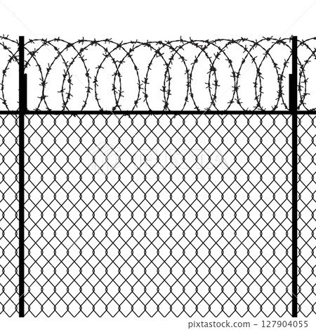 Prison wire metal chain fence security wall vector background. Steel prison wire fence razor 127904055