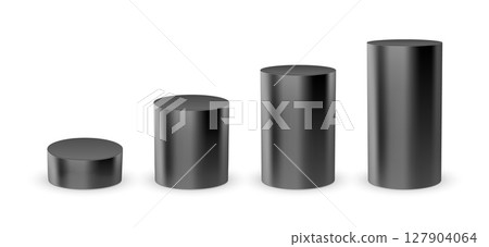 Black 3d cylinder podium pillar pedestal base. Black 3d platform isolated on white background. Black 3d cylinder podium pillar pedestal base. Black 3d platform isolated on white background. 127904064