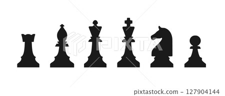 Chess piece vector king queen pawn icon. Chess horse silhouette knight game logo isolated black 127904144
