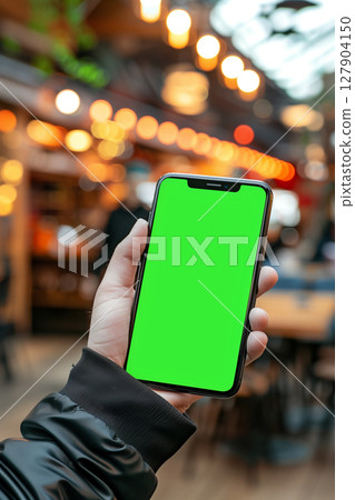 Young man showcasing a smartphone with a green chroma key screen in a cafe 127904150