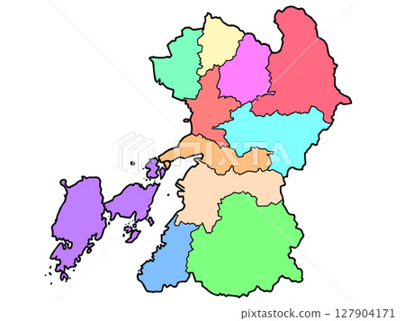 熊本縣略微寬鬆的地圖，區域顏色編碼，九州 127904171