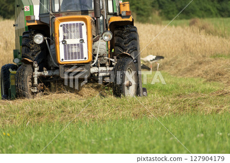 Polish old tractor and round baler to collect hay 127904179