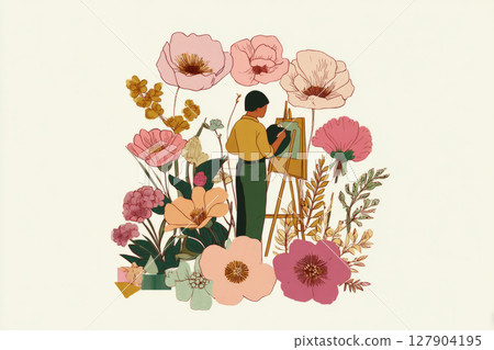 A painter passionately captures the beauty of various colorful flowers on their canvas while standing in a tranquil outdoor location. Nature serves as the perfect backdrop 127904195