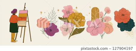 An artist sits on a stool, painting on an easel in a lush outdoor environment. Colorful flowers bloom around, creating a tranquil and creative atmosphere under clear skies, banner 127904197