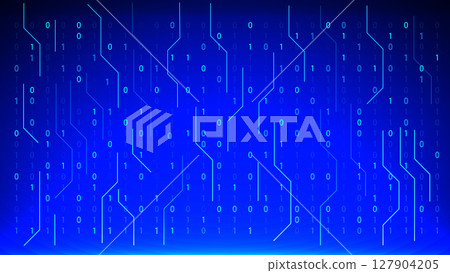 Binary code and circuit lines on a glowing blue digital background, representing futuristic data technology and cyber network systems Binary code and circuit lines on a glowing blue digital background, representing futuristic data technology and cyber network systems 127904205