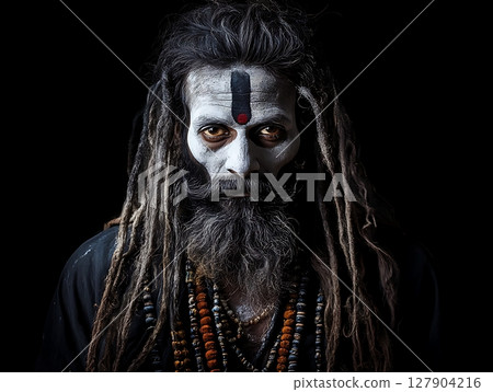 Mystical Sadhu with Dreadlocks and Painted Face in Darkness 127904216