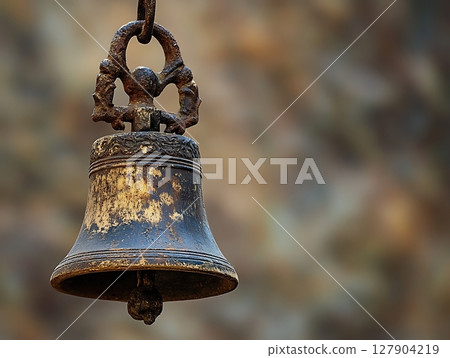 Rustic Antique Bell Hanging with Weathered Texture and Vintage Charm 127904219