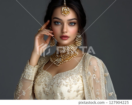 Elegant Woman in Ivory Bridal Gown with Exquisite Pearl Jewelry 127904225