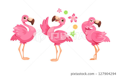 A collection of Colorful Cartoon Flamingos depicted in various Playful Poses and scenes A collection of Colorful Cartoon Flamingos depicted in various Playful Poses and scenes 127904294