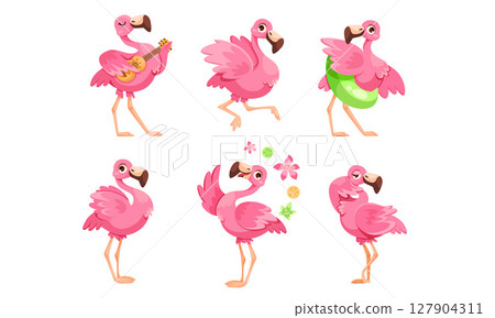 Playful and vibrant Pink Flamingos depicted in various fun and joyful poses for all to enjoy 127904311
