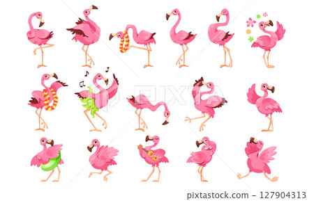 A Collection of Colorful Cartoon Flamingos Captured in Various Fun and Playful Poses 127904313