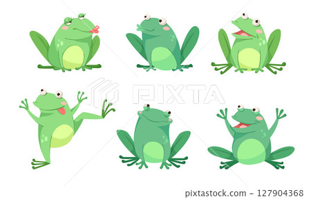A playful collection of cartoon frogs for engaging and fun designs and illustrations 127904368