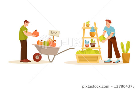 Gardeners are actively engaged in organizing fresh produce and various plants effectively 127904373