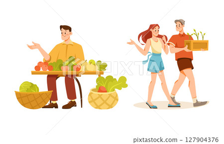 A lively Fresh Produce Market filled with enthusiastic Shoppers and engaged Seller interactions A lively Fresh Produce Market filled with enthusiastic Shoppers and engaged Seller interactions 127904376