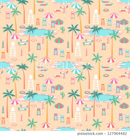 Tropical vacation poolside scene vector seamless pattern. Round pool, swim rings, palm trees, colorful sun loungers, parasols, lifeguard chair on beach sand background. Fun summer resort repeat tile 127904482
