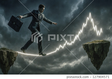 Businessman walking on falling stock market chart, this concept shows terrible financial crisis, deep recession, and extreme investment risk Businessman walking on falling stock market chart, this concept shows terrible financial crisis, deep recession, and extreme investment risk 127904571