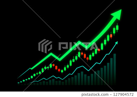 Business growth chart with green arrow, candlesticks, and bars, this financial concept shows successful investment and deep market analysis 127904572