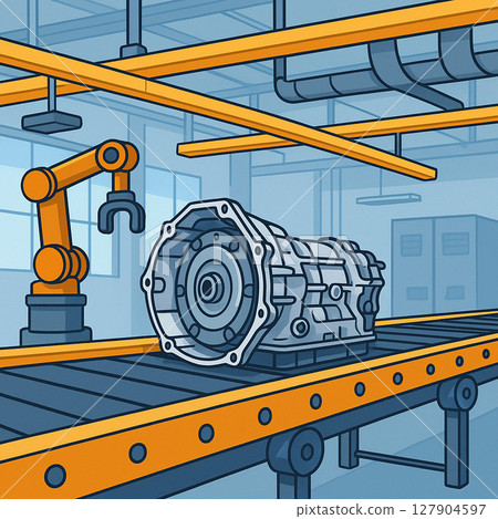 Automatic transmissions moving along a conveyor in a factory Automatic transmissions moving along a conveyor in a factory 127904597