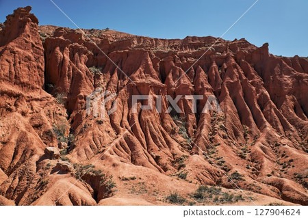 Red canyon and clear blue sky, natural landscape. Red canyon and clear blue sky, natural landscape. 127904624