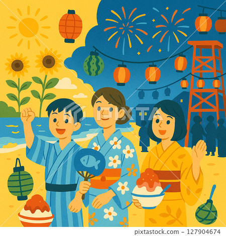 一家人享受夏天的插圖 127904674