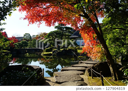 秋季的好古園：秋葉映照的御花園和池塘 127904819