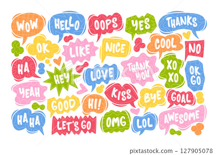 Cute colorful cartoon speech bubbles with romantic, comic text and exclamation phrases for message 127905078