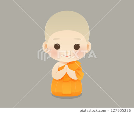 Adorable young novice monk kneeling in prayer with peaceful expression. Adorable young novice monk kneeling in prayer with peaceful expression. 127905256
