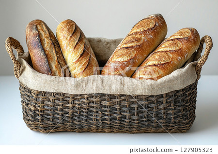 Homemade vibe. Baked French baguette in a wicker basket on a white background. 127905323