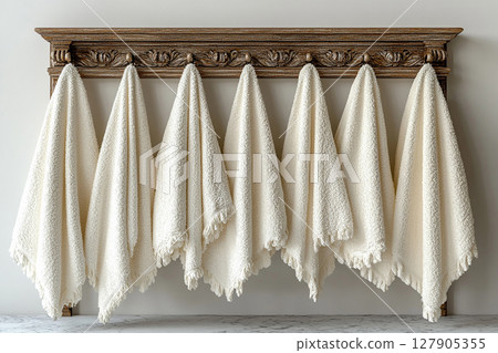 Line of freshly washed white towels hanging on a rack in Rocco Renaissance style. 127905355
