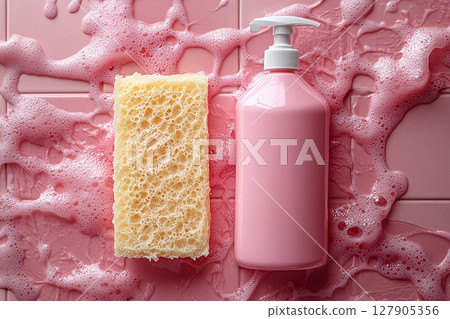 Top view of sponge next to a light detergent bottles on a background of ceramic tiles in pink colors. 127905356