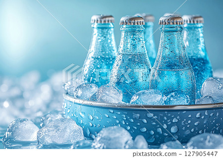 Summer trend. Retro cooler filled with glass soda bottles and ice. Retro style. Close-up. Summer trend. Retro cooler filled with glass soda bottles and ice. Retro style. Close-up. 127905447