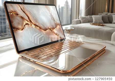 Luxury edition laptop with clean screen and gold accents on white background. Executive lifestyle marketing 127905450