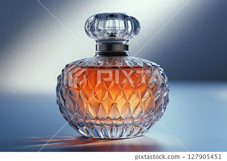 Perfume bottle with glossy on its glass surface, conveying elegance and sophistication. Ideal for high-end perfume advertisements. 127905451