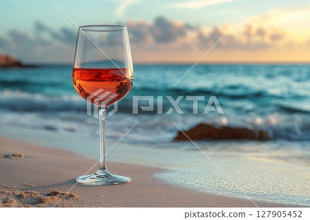 Summer atmosphere. Cabernet sauvignon. Elegant Wine Glass filled with red wine. Mockup for wine industry branding. 127905452