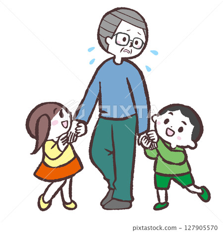 一位疲憊的祖父與孩子玩耍的插圖 一位疲憊的祖父與孩子玩耍的插圖 127905570
