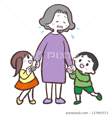Illustration of a tired grandmother playing with a child 127905571