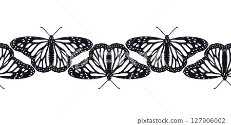 Horizontal stripe pattern with hand drawn black and white monarch butterflies Horizontal stripe pattern with hand drawn black and white monarch butterflies 127906002