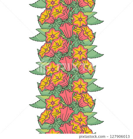 Stripe pattern with line art canary islands flowers bellflower. Floral vertical seamless border with hand drawn millefleur 127906013