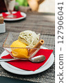 Pistachio and mango gelato in italian cafe 127906041
