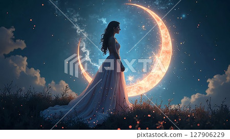 Crescent moon and female silhouette 127906229