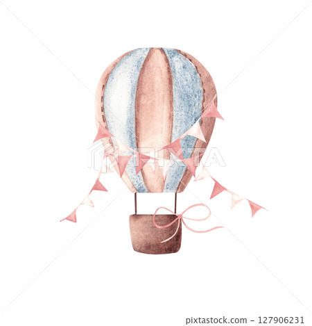 Watercolor Hot Air Balloon with pink pennants. Hand drawn baby girl illustration in pastel colors isolated on white background. Boho style. For kids goods, cards and posters. Baby shower and birthday Watercolor Hot Air Balloon with pink pennants. Hand drawn baby girl illustration in pastel colors isolated on white background. Boho style. For kids goods, cards and posters. Baby shower and birthday 127906231