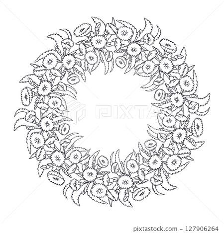 Hand drawn black and white line art canary islands flowers tree sonchus wreath. Card template with cute monochrome floral frame Hand drawn black and white line art canary islands flowers tree sonchus wreath. Card template with cute monochrome floral frame 127906264