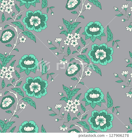 Seamless pattern with hand drawn teal chinoiserie flowers on gray background. Floral repeat wallpaper with chinese style ornament 127906278