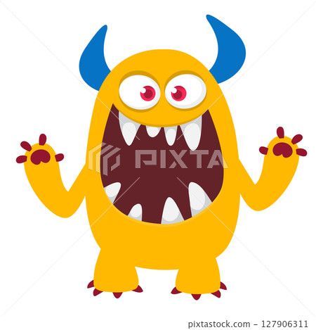 Cartoon cute monster with funny excited face expression waving hands . Vector illustration isolated on white. Halloween design 127906311