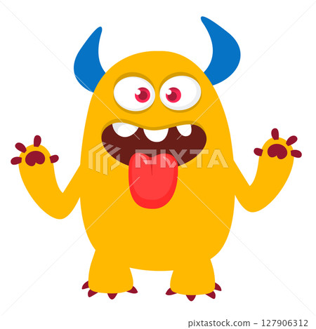 Cartoon cute monster with funny excited face expression waving hands . Vector illustration isolated on white. Halloween design Cartoon cute monster with funny excited face expression waving hands . Vector illustration isolated on white. Halloween design 127906312