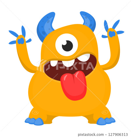Cartoon cute monster with funny excited face expression waving hands . Vector illustration isolated on white. Halloween design Cartoon cute monster with funny excited face expression waving hands . Vector illustration isolated on white. Halloween design 127906313
