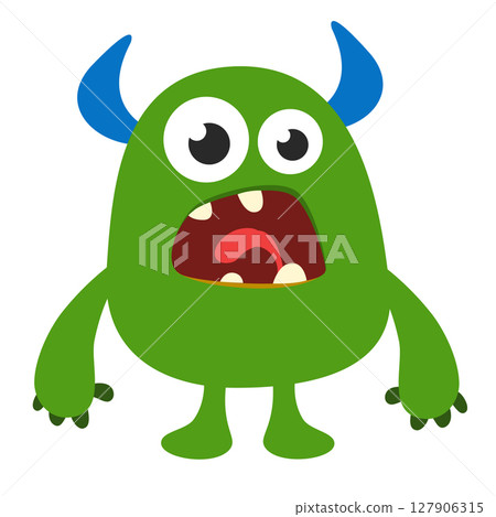 Cartoon cute monster with funny excited face expression waving hands . Vector illustration isolated on white. Halloween design 127906315