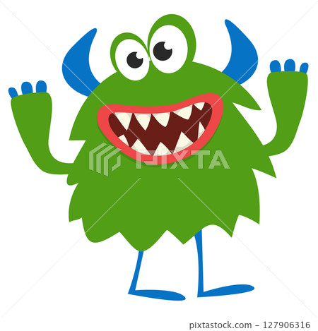 Cartoon cute monster with funny excited face expression waving hands . Vector illustration isolated on white. Halloween design 127906316