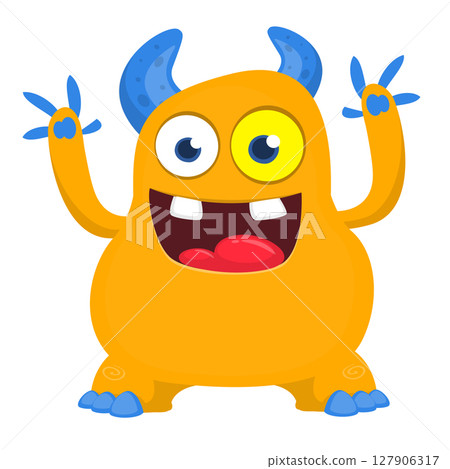 Cartoon cute monster with funny excited face expression waving hands . Vector illustration isolated on white. Halloween design 127906317